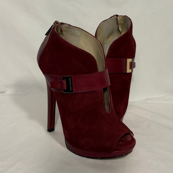 Michael Kors Booties Peep Toe Suede Leather Burgundy Ankle Heel Zipper - Picture 1 of 9
